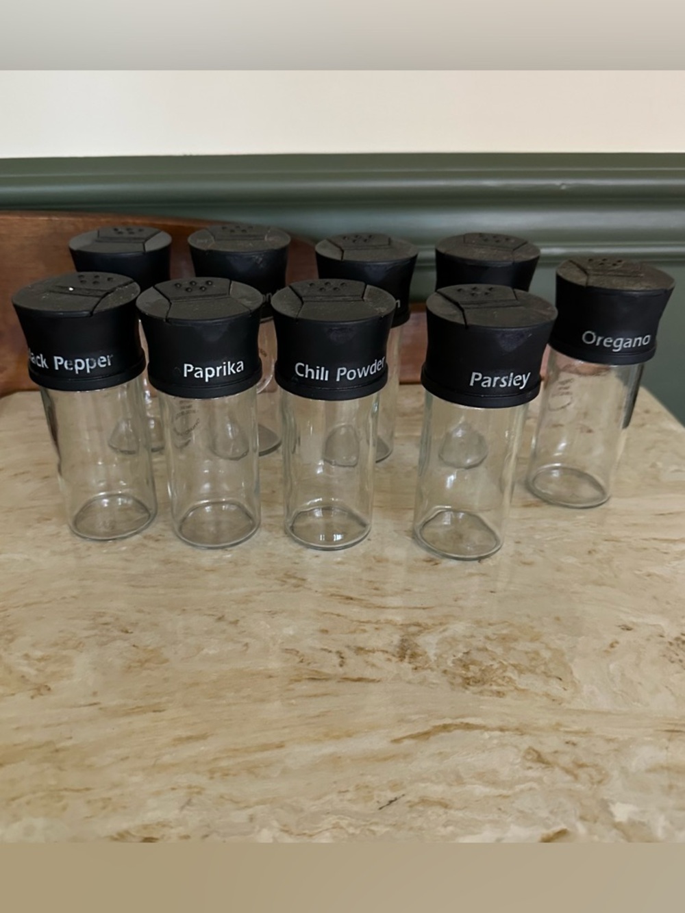 Set of Clear Glass Spice Jars with Black Lids - Labeled